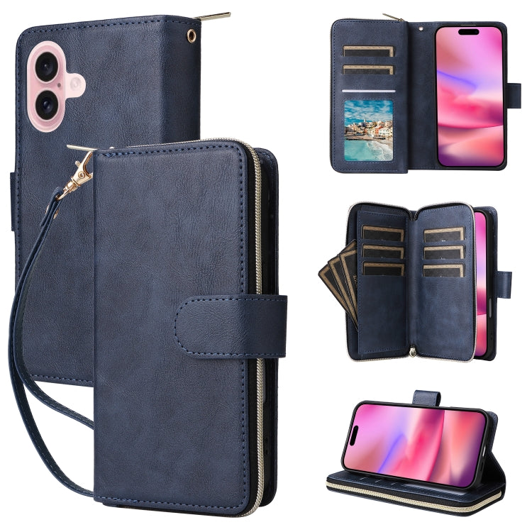 For iPhone 16 9 Card Slots Zipper Wallet Bag Leather Phone Case(Blue) - iPhone 16 Cases by PMC TechLife | Online Shopping South Africa | PMC TechLife | Buy Now Pay Later Mobicred