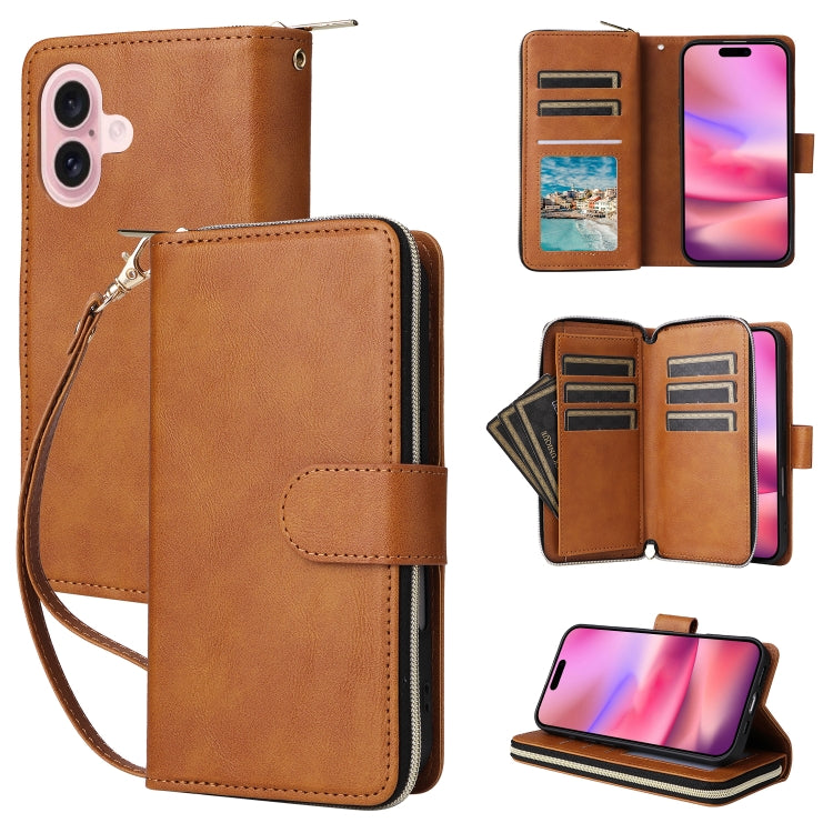 For iPhone 16 9 Card Slots Zipper Wallet Bag Leather Phone Case(Brown) - iPhone 16 Cases by PMC Jewellery | Online Shopping South Africa | PMC Jewellery | Buy Now Pay Later Mobicred