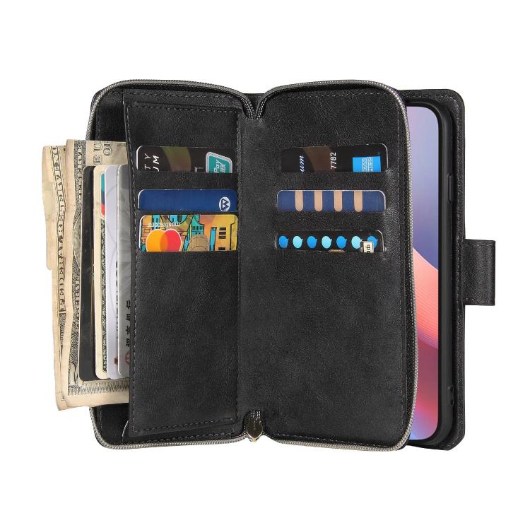 For iPhone 16e 9 Card Slots Zipper Wallet Bag Leather Phone Case(Black) - iPhone 16e Cases by PMC TechLife | Online Shopping South Africa | PMC TechLife | Buy Now Pay Later Mobicred