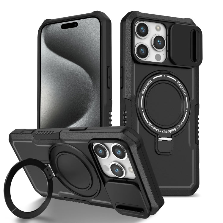 For iPhone 15 Pro Sliding Camshield MagSafe Holder TPU Hybrid PC Phone Case(Black) - free shipping - PMC TechLife - Order now!