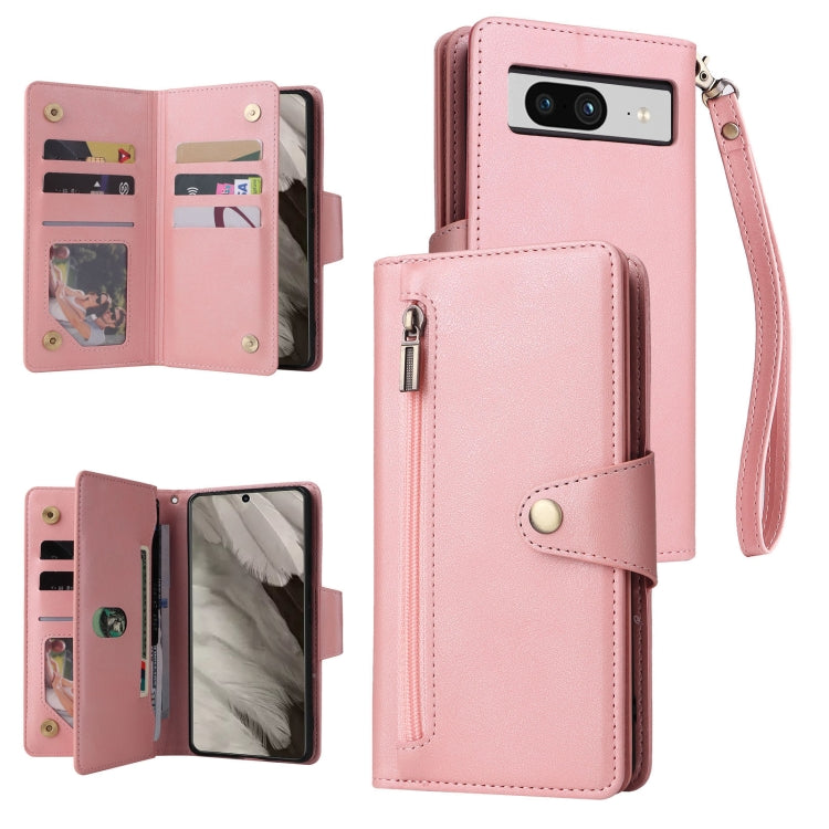 For Google Pixel 8 Rivet Buckle 9 Cards Three Fold Leather Phone Case(Rose Gold) - Google Cases by PMC Jewellery | Online Shopping South Africa | PMC Jewellery | Buy Now Pay Later Mobicred