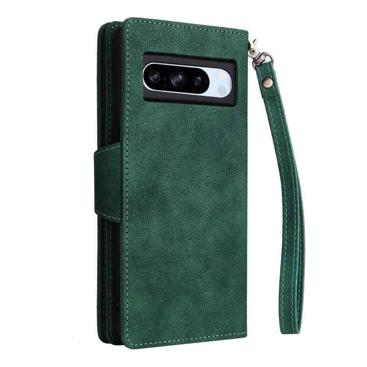 For Google Pixel 8a Rivet Buckle 9 Cards Three Fold Leather Phone Case(Green) - Google Cases by PMC Jewellery | Online Shopping South Africa | PMC Jewellery | Buy Now Pay Later Mobicred