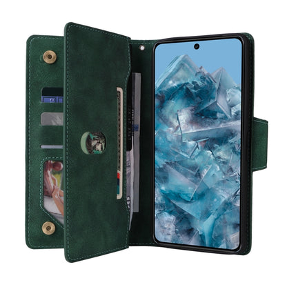 For Google Pixel 8a Rivet Buckle 9 Cards Three Fold Leather Phone Case(Green) - Google Cases by PMC Jewellery | Online Shopping South Africa | PMC Jewellery | Buy Now Pay Later Mobicred