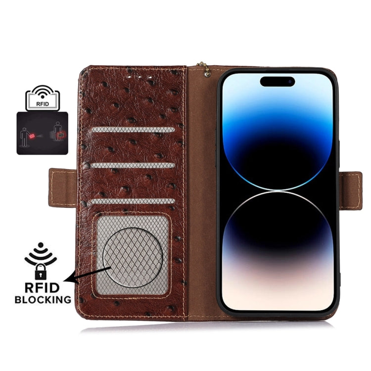 For Huawei Mate 60 Ostrich Pattern Genuine Leather RFID Phone Case(Coffee) - Huawei Cases by PMC TechLife | Online Shopping South Africa | PMC TechLife | Buy Now Pay Later Mobicred