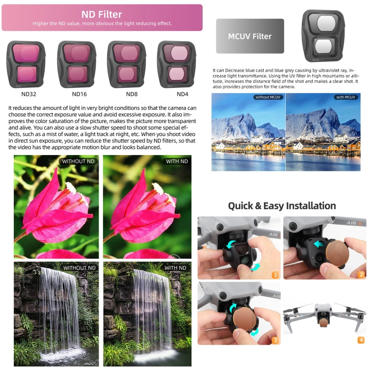 For DJI Air 3 Sunnylife Camera Lens Filter, Filter:3 in 1 CPL ND8 ND16 - free shipping - PMC TechLife - Order now!