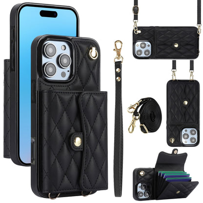 For iPhone 16 Pro Max Crossbody Rhombic Horizontal Wallet Leather Phone Case(Black) - iPhone 16 Pro Max Cases by PMC Jewellery | Online Shopping South Africa | PMC Jewellery | Buy Now Pay Later Mobicred