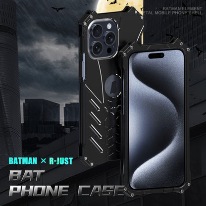 For iPhone 16 R-JUST Batman Hollow Metal Phone Protective Case(Black) - iPhone 16 Cases by R-JUST | Online Shopping South Africa | PMC Jewellery | Buy Now Pay Later Mobicred