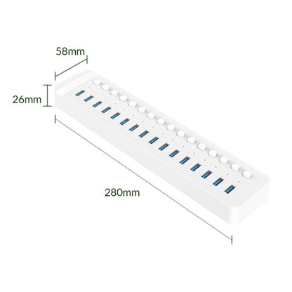 ORICO CT2U3-16AB Plastic Stripes 16 Ports USB 3.0 HUB with Individual Switches, Plug:AU Plug(White) - USB 3.0 HUB by ORICO | Online Shopping South Africa | PMC Jewellery | Buy Now Pay Later Mobicred