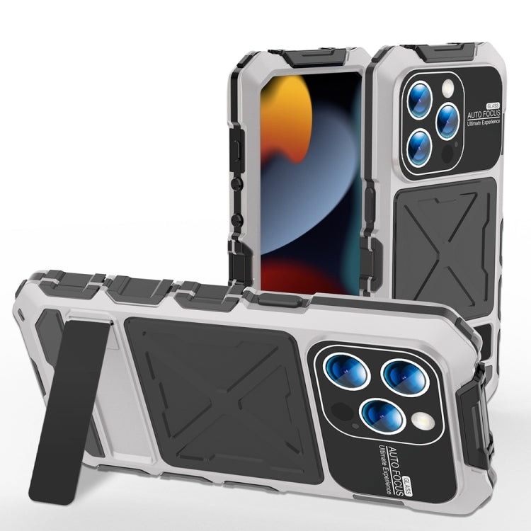 For iPhone 15 Pro Max R-JUST Metal + Silicone + Tempered Glass Life Waterproof Phone Case with Holder(Silver) - iPhone 15 Pro Max Cases by R-JUST | Online Shopping South Africa | PMC Jewellery