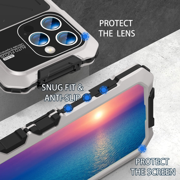 For iPhone 15 Pro R-JUST Metal + Silicone + Tempered Glass Life Waterproof Phone Case with Holder(Silver) - iPhone 15 Pro Cases by R-JUST | Online Shopping South Africa | PMC Jewellery
