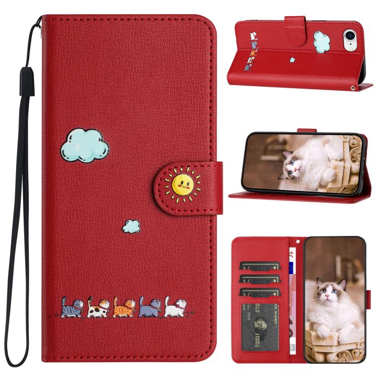 For iPhone 16e Cartoon Cats Leather Phone Case(Red) - iPhone 16e Cases by PMC TechLife | Online Shopping South Africa | PMC TechLife | Buy Now Pay Later Mobicred