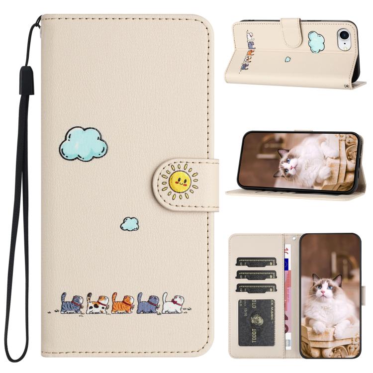 For iPhone 16e Cartoon Cats Leather Phone Case(Beige White) - iPhone 16e Cases by PMC TechLife | Online Shopping South Africa | PMC TechLife | Buy Now Pay Later Mobicred