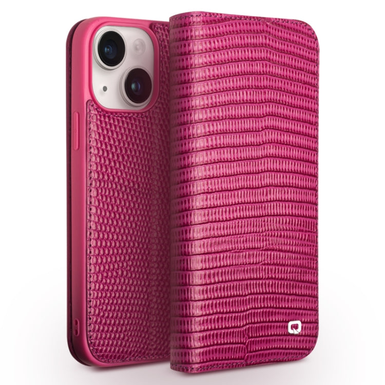 For iPhone 15 Plus QIALINO Little Crocodile Texture Genuine Leather Phone Case(Rose Red) - iPhone 15 Plus Cases by QIALINO | Online Shopping South Africa | PMC Jewellery