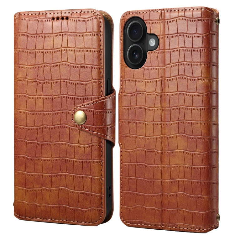 For iPhone 16 Plus Denior Crocodile Texture Oil Edge Leather Phone Case(Brown) - iPhone 16 Plus Cases by Denior | Online Shopping South Africa | PMC Jewellery | Buy Now Pay Later Mobicred