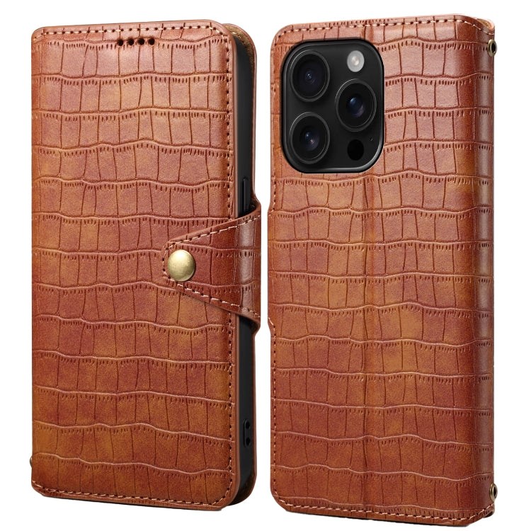 For iPhone 16 Pro Denior Crocodile Texture Oil Edge Leather Phone Case(Brown) - iPhone 16 Pro Cases by Denior | Online Shopping South Africa | PMC Jewellery | Buy Now Pay Later Mobicred