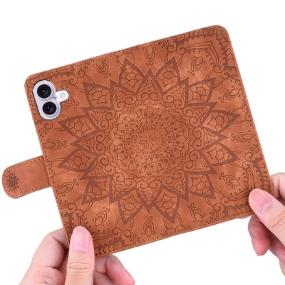 For iPhone 16 Plus Mandala Embossed Dual-Fold Calf Leather Phone Case(Brown) - iPhone 16 Plus Cases by PMC Jewellery | Online Shopping South Africa | PMC Jewellery | Buy Now Pay Later Mobicred