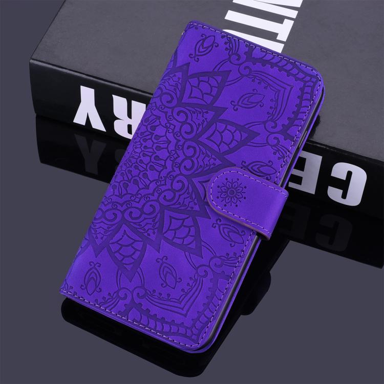 For iPhone 16e Mandala Embossed Dual-Fold Calf Leather Phone Case(Purple) - iPhone 16e Cases by PMC TechLife | Online Shopping South Africa | PMC TechLife | Buy Now Pay Later Mobicred