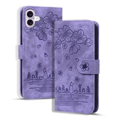 For iPhone 16 Cartoon Sakura Cat Embossed Leather Phone Case(Purple) - iPhone 16 Cases by PMC Jewellery | Online Shopping South Africa | PMC Jewellery | Buy Now Pay Later Mobicred