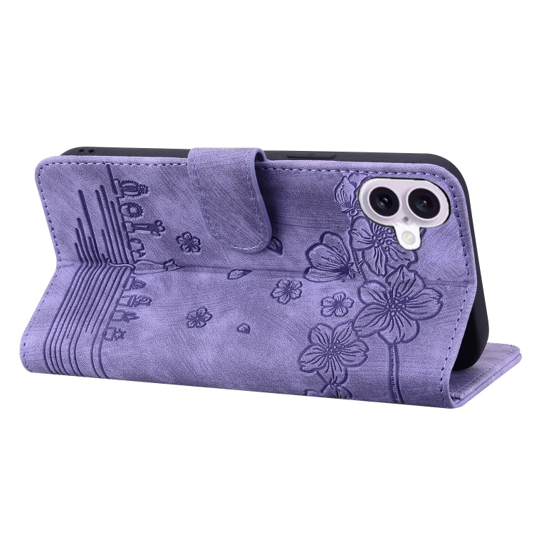 For iPhone 16 Cartoon Sakura Cat Embossed Leather Phone Case(Purple) - iPhone 16 Cases by PMC Jewellery | Online Shopping South Africa | PMC Jewellery | Buy Now Pay Later Mobicred