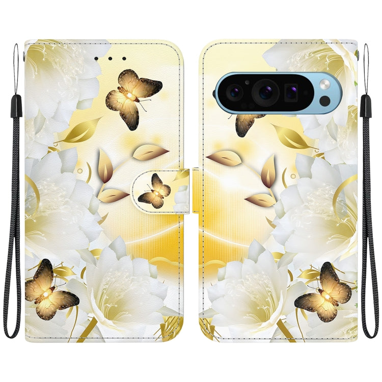 For Google Pixel 9 Crystal Texture Colored Drawing Leather Phone Case(Gold Butterfly Epiphyllum) - Google Cases by PMC Jewellery | Online Shopping South Africa | PMC Jewellery | Buy Now Pay Later Mobicred