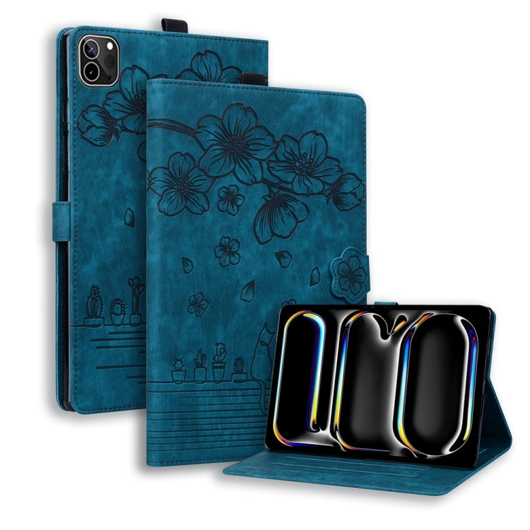 For iPad Pro 11 2024 Cartoon Sakura Cat Embossed Smart Leather Tablet Case(Blue) - iPad Pro 11 2024 Cases by PMC TechLife | Online Shopping South Africa | PMC TechLife | Buy Now Pay Later Mobicred