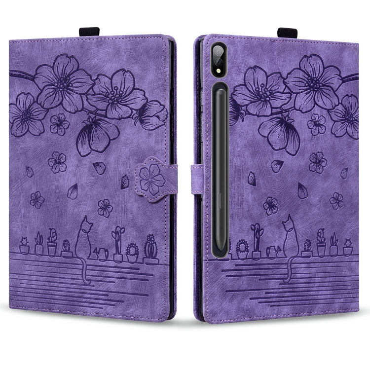 For Samsung Galaxy Tab S9+ /S8+ /S7+ Cartoon Sakura Cat Embossed Smart Leather Tablet Case(Purple) - Galaxy Tab S9+ Cases by PMC Jewellery | Online Shopping South Africa | PMC Jewellery | Buy Now Pay Later Mobicred