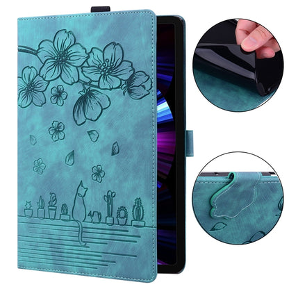 For Samsung Galaxy Tab S9 /S8 /S7 Cartoon Sakura Cat Embossed Smart Leather Tablet Case(Green) - Galaxy Tab S9 Cases by PMC Jewellery | Online Shopping South Africa | PMC Jewellery | Buy Now Pay Later Mobicred