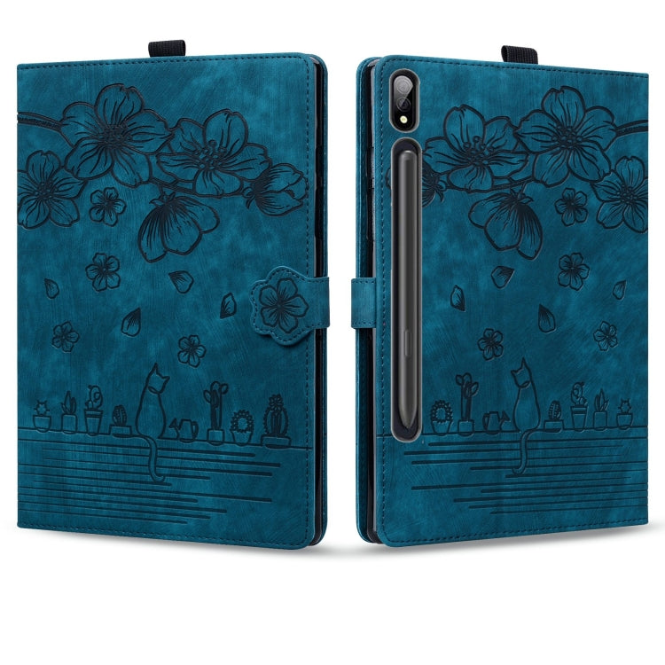 For Samsung Galaxy Tab S9 /S8 /S7 Cartoon Sakura Cat Embossed Smart Leather Tablet Case(Blue) - Galaxy Tab S9 Cases by PMC Jewellery | Online Shopping South Africa | PMC Jewellery | Buy Now Pay Later Mobicred