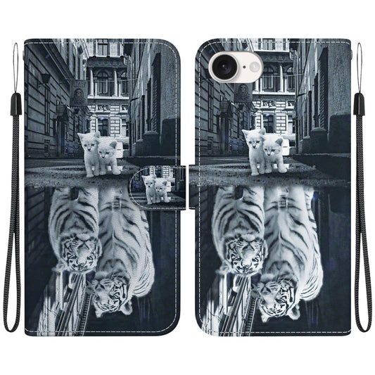 For iPhone SE 2024 Crystal Texture Colored Drawing Leather Phone Case(Cat Tiger Reflection) - More iPhone Cases by PMC Jewellery | Online Shopping South Africa | PMC Jewellery | Buy Now Pay Later Mobicred