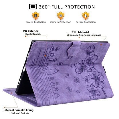 For Samsung Galaxy Tab S9 FE+ Cartoon Sakura Cat Embossed Leather Tablet Case(Purple) - Galaxy Tab S9 FE+ by PMC Jewellery | Online Shopping South Africa | PMC Jewellery | Buy Now Pay Later Mobicred