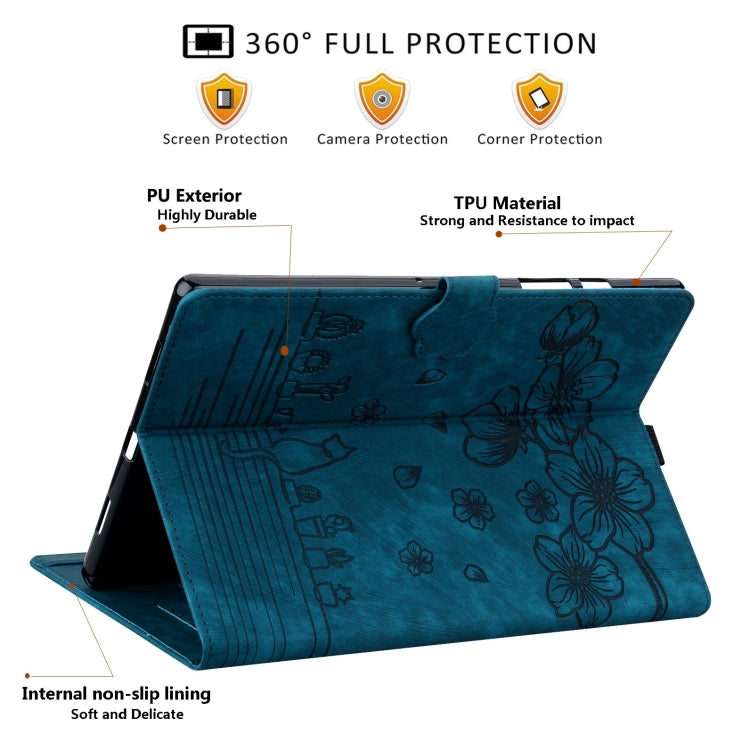 For Samsung Galaxy Tab S9 FE+ Cartoon Sakura Cat Embossed Leather Tablet Case(Blue) - Galaxy Tab S9 FE+ by PMC Jewellery | Online Shopping South Africa | PMC Jewellery | Buy Now Pay Later Mobicred