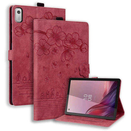 For Lenovo Tab M9 Cartoon Sakura Cat Embossed Leather Tablet Case(Red) - Lenovo by PMC Jewellery | Online Shopping South Africa | PMC Jewellery | Buy Now Pay Later Mobicred