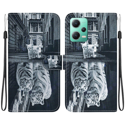 For Xiaomi Redmi Note 12 5G Crystal Texture Colored Drawing Leather Phone Case(Cat Tiger Reflection) - Xiaomi Cases by PMC Jewellery | Online Shopping South Africa | PMC Jewellery | Buy Now Pay Later Mobicred