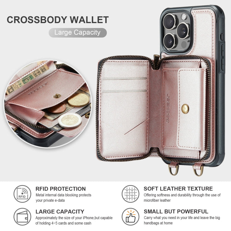 For iPhone 16 Pro JEEHOOD C22 Series Zipper Wallet Leather Phone Case with Dual Lanyard(Rose Gold) - iPhone 16 Pro Cases by JEEHOOD | Online Shopping South Africa | PMC Jewellery | Buy Now Pay Later Mobicred