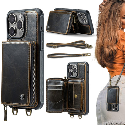 For iPhone 16 Pro JEEHOOD C22 Series Zipper Wallet Leather Phone Case with Dual Lanyard(Coffee) - iPhone 16 Pro Cases by JEEHOOD | Online Shopping South Africa | PMC Jewellery | Buy Now Pay Later Mobicred