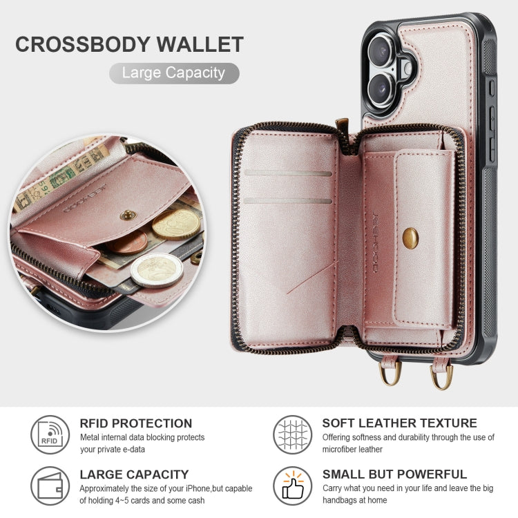 For iPhone 16 Plus JEEHOOD C22 Series Zipper Wallet Leather Phone Case with Dual Lanyard(Rose Gold) - iPhone 16 Plus Cases by JEEHOOD | Online Shopping South Africa | PMC Jewellery | Buy Now Pay Later Mobicred