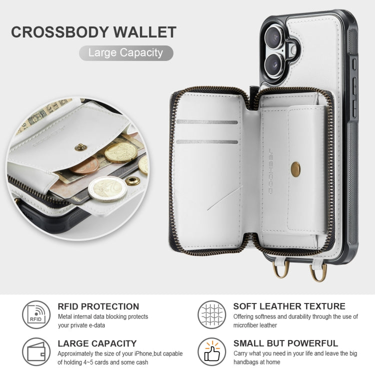 For iPhone 16 Plus JEEHOOD C22 Series Zipper Wallet Leather Phone Case with Dual Lanyard(White) - iPhone 16 Plus Cases by JEEHOOD | Online Shopping South Africa | PMC Jewellery | Buy Now Pay Later Mobicred