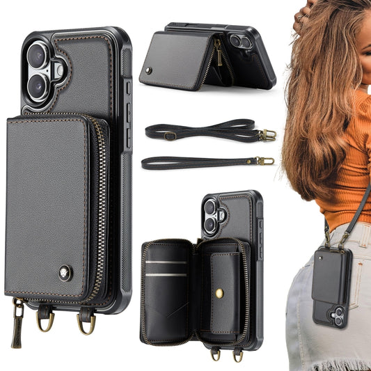 For iPhone 16 Plus JEEHOOD C22 Series Zipper Wallet Leather Phone Case with Dual Lanyard(Coffee) - iPhone 16 Plus Cases by JEEHOOD | Online Shopping South Africa | PMC Jewellery | Buy Now Pay Later Mobicred