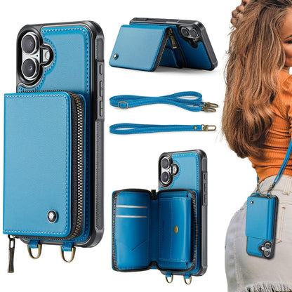 For iPhone 16 JEEHOOD C22 Series Zipper Wallet Leather Phone Case with Dual Lanyard(Blue) - iPhone 16 Cases by JEEHOOD | Online Shopping South Africa | PMC Jewellery | Buy Now Pay Later Mobicred