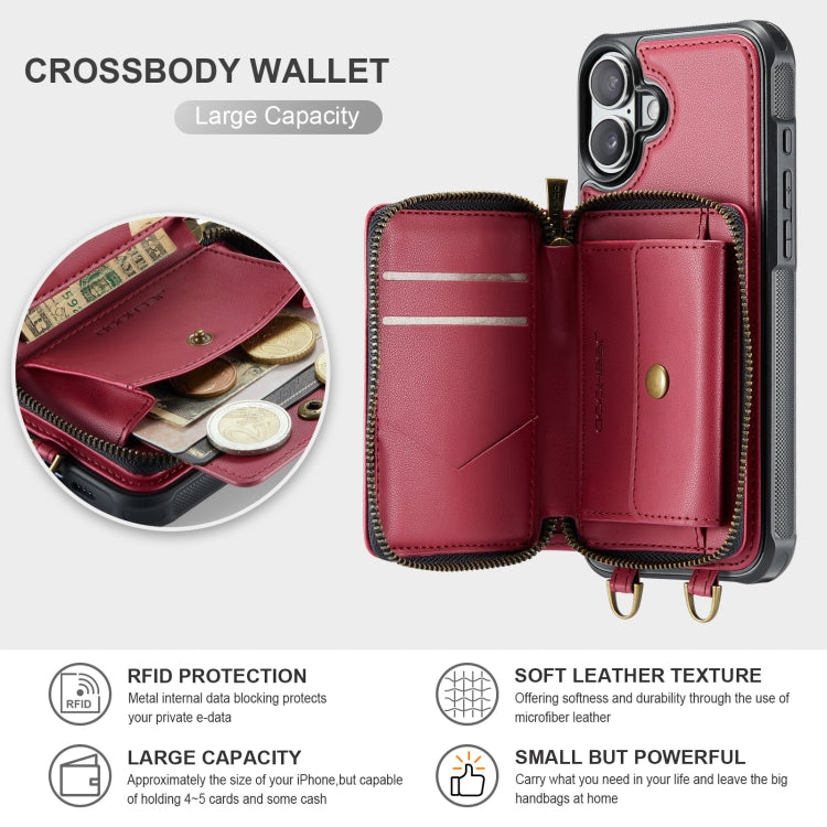 For iPhone 16 JEEHOOD C22 Series Zipper Wallet Leather Phone Case with Dual Lanyard(Red) - iPhone 16 Cases by JEEHOOD | Online Shopping South Africa | PMC Jewellery | Buy Now Pay Later Mobicred