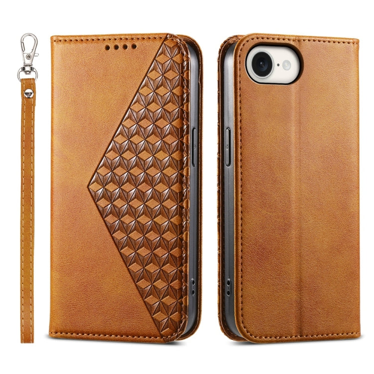 For iPhone 16e Cubic Grid Calf Texture Magnetic Leather Phone Case(Yellow) - iPhone 16e Cases by PMC TechLife | Online Shopping South Africa | PMC TechLife | Buy Now Pay Later Mobicred