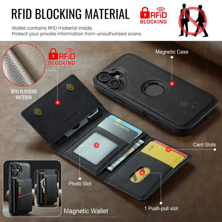 For iPhone 16 Plus DG.MING M5 Series Zip RFID Multi Card Detachable Leather Phone Case(Black) - iPhone 16 Plus Cases by DG.MING | Online Shopping South Africa | PMC Jewellery | Buy Now Pay Later Mobicred