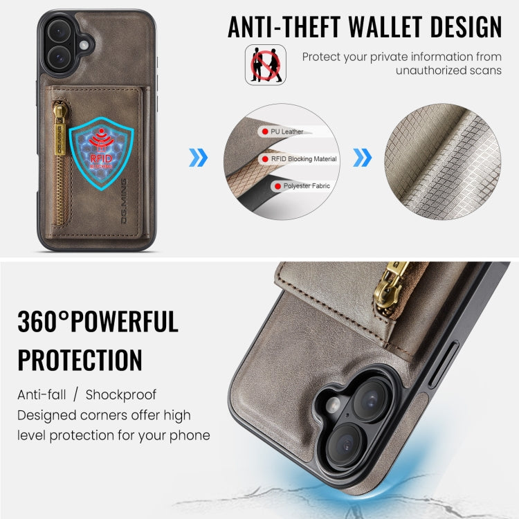 For iPhone 16 Plus DG.MING M5 Series Zip RFID Multi Card Detachable Leather Phone Case(Coffee) - iPhone 16 Plus Cases by DG.MING | Online Shopping South Africa | PMC Jewellery | Buy Now Pay Later Mobicred