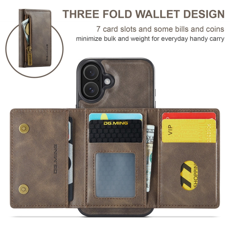 For iPhone 16 Plus DG.MING M5 Series Zip RFID Multi Card Detachable Leather Phone Case(Coffee) - iPhone 16 Plus Cases by DG.MING | Online Shopping South Africa | PMC Jewellery | Buy Now Pay Later Mobicred