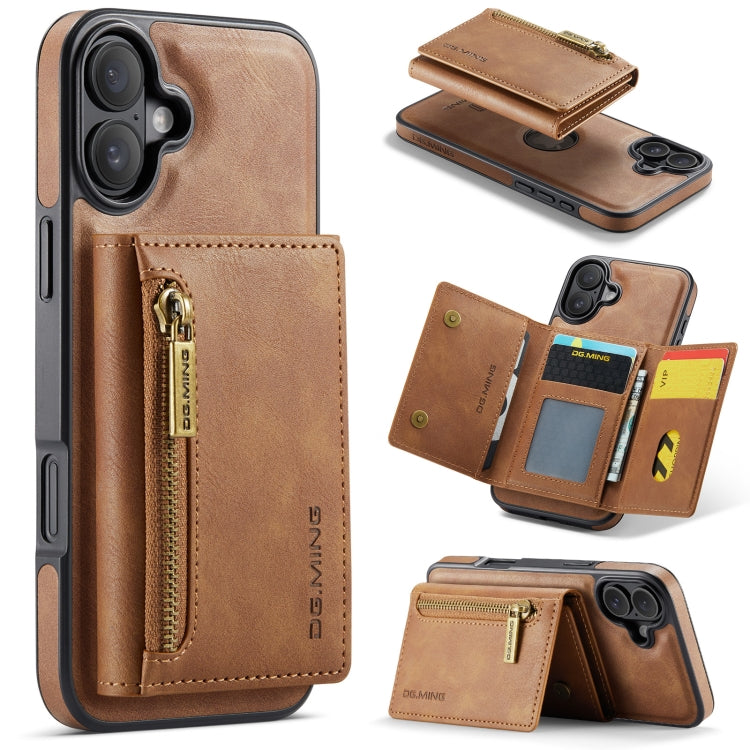 For iPhone 16 DG.MING M5 Series Zip RFID Multi Card Detachable Leather Phone Case(Brown) - iPhone 16 Cases by DG.MING | Online Shopping South Africa | PMC Jewellery | Buy Now Pay Later Mobicred