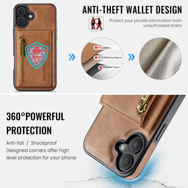 For iPhone 16 DG.MING M5 Series Zip RFID Multi Card Detachable Leather Phone Case(Brown) - iPhone 16 Cases by DG.MING | Online Shopping South Africa | PMC Jewellery | Buy Now Pay Later Mobicred