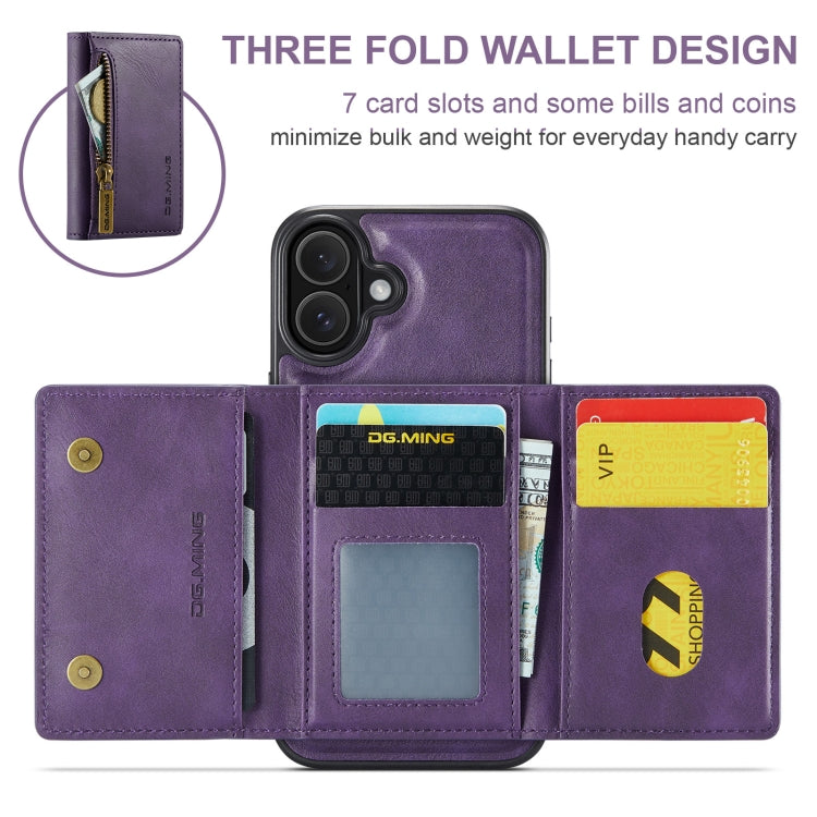 For iPhone 16 DG.MING M5 Series Zip RFID Multi Card Detachable Leather Phone Case(Purple) - iPhone 16 Cases by DG.MING | Online Shopping South Africa | PMC Jewellery | Buy Now Pay Later Mobicred