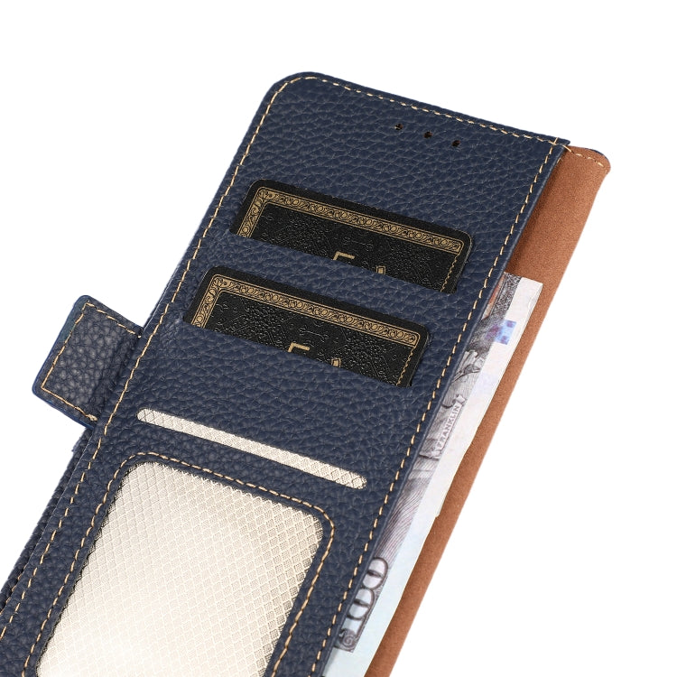 For Google Pixel 8a KHAZNEH Side-Magnetic Litchi Genuine Leather RFID Phone Case(Blue) - Google Cases by PMC TechLife | Online Shopping South Africa | PMC TechLife | Buy Now Pay Later Mobicred