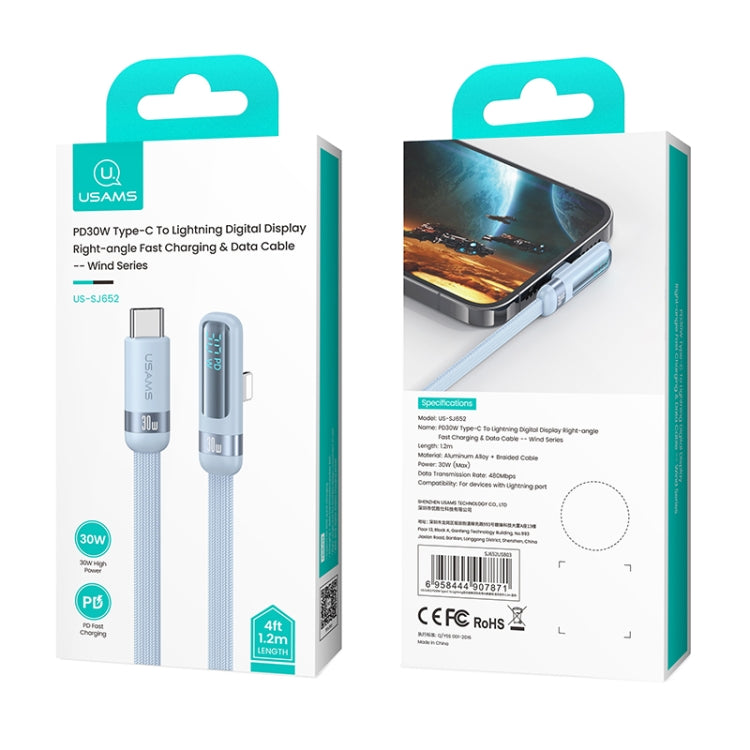 USAMS US-SJ652 PD 30W USB-C/Type-C to 8 Pin Aluminum Alloy Digital Display Fast Charging Elbow Data Cable, Length: 1.2m(Blue) - 2 in 1 Cable by USAMS | Online Shopping South Africa | PMC Jewellery | Buy Now Pay Later Mobicred