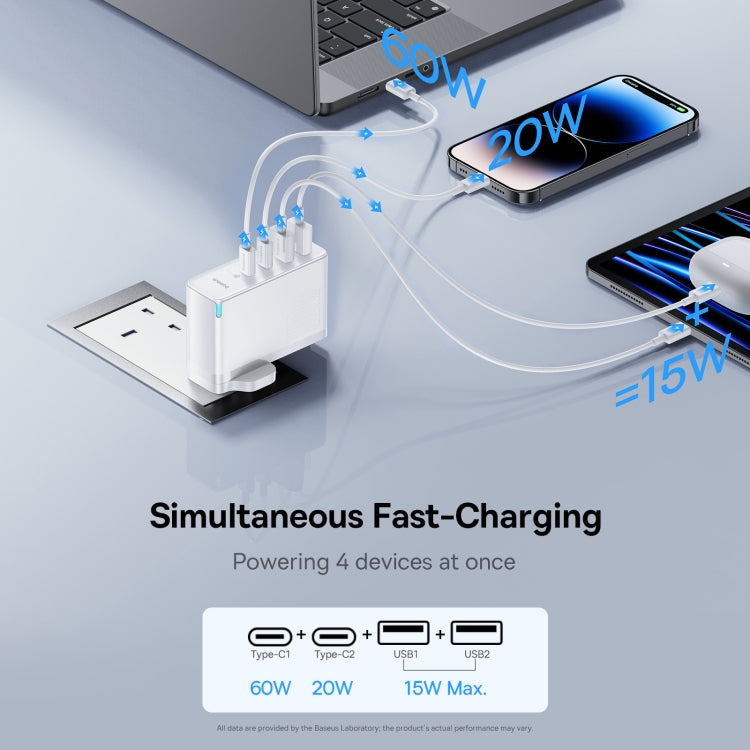 Baseus GaN5 Pro Fast Charger 100W Type-Cx2 + USBx2 with 1m Type-C Cable, UK Plug(White) - USB Charger by Baseus | Online Shopping South Africa | PMC Jewellery